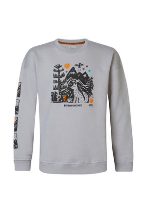 Szara bluza z kapturem z graficznym nadrukiem gór, drzew i lisa w czerni oraz kolorowych akcentach. Skośne wykończenia mankietów i kołnierza.