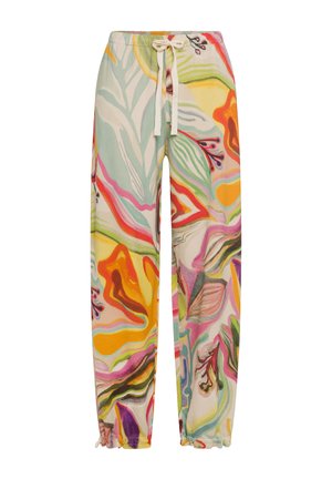 Colorful, patterned sweatpants featuring a loose fit, elastic waistband with drawstring, and gathered hems. Made from lightweight fabric.
