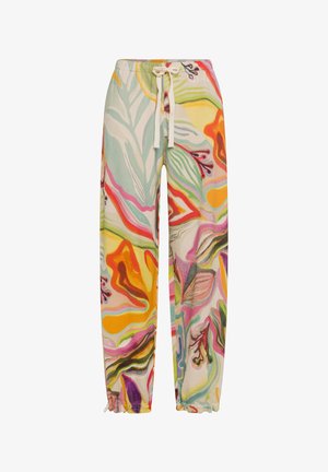 Pantaloni della tuta colorati e con fantasia caratterizzati da una vestibilità ampia, un elastico in vita con cordoncino e orli arricciati. Realizzati in tessuto leggero.