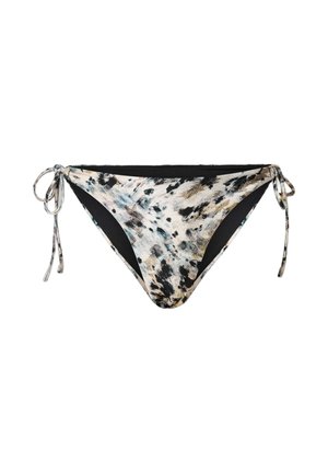 Dół od bikini o niskim stanie z regulowanymi wiązaniami po bokach oraz wielokolorowym, abstrakcyjnym wzorem zwierzęcym na białym tle.