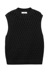 Top negru tricotat fără mâneci, cu un model deschis, guler și tiv cu nervuri, textură moale și decolteu rotund.