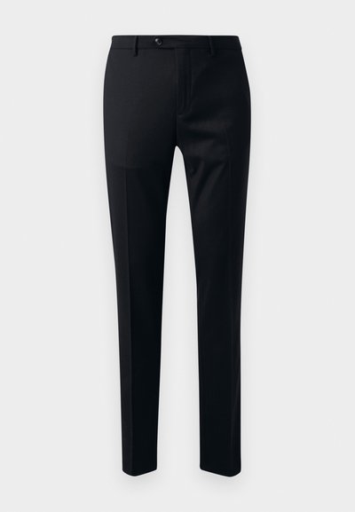 Mustad mustarpüksid, millel on sile kangas, kitsenev jalaharidus, ühe nupu sulgemine ja küljetaskud praktilisuseks.