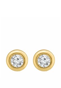 Kolczyki w kolorze złota z okrągłymi oprawami i przezroczystymi, błyszczącymi kamieniami o okrągłym szlifie. Gładka powierzchnia i polerowane wykończenie zwiększają walory estetyczne.