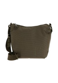 Borsa a tracolla marrone con texture, tracolla regolabile, chiusura con zip e logo del marchio discreto sul davanti.