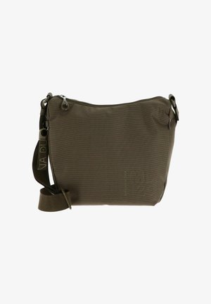 Borsa a tracolla marrone con texture, tracolla regolabile, chiusura con zip e logo del marchio discreto sul davanti.