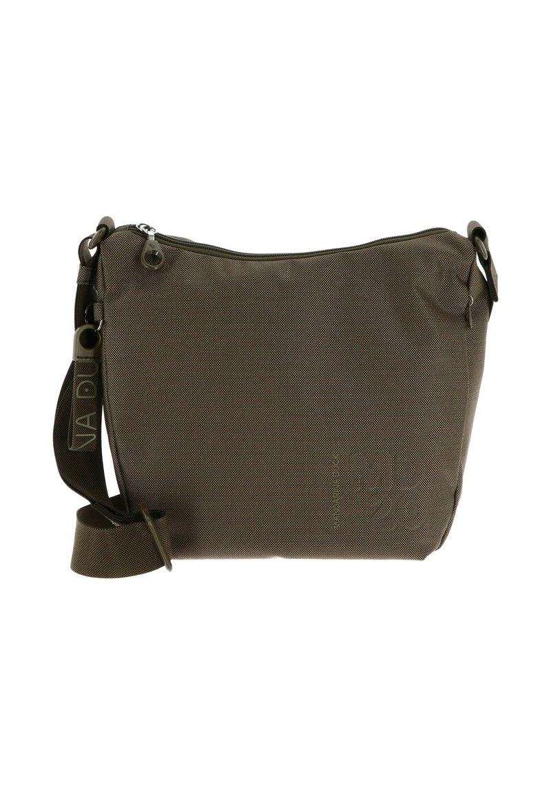 Borsa a tracolla marrone con texture, tracolla regolabile, chiusura con zip e logo del marchio discreto sul davanti.