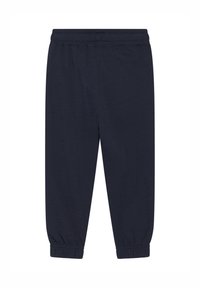 Dunkelblaue Joggerhosen mit elastischem Bund und elastischen Bündchen, aus weichem Stoff, flach auf weißem Hintergrund präsentiert.