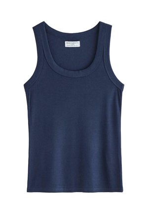 Marineblå ribbet ærmeløs tanktop med rundet halsudskæring og mærkat på indersiden af nakken.