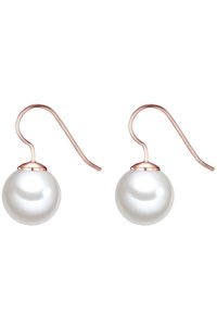 Orecchini a gancio in oro rosa con grandi perle bianche, texture liscia, forma rotonda e finitura lucida. Design semplice ed elegante.