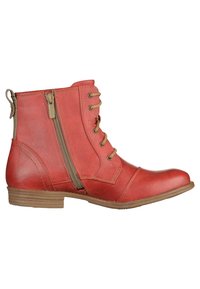 Bottine en cuir rouge avec lacets et fermeture éclair latérale, avec semelle beige et détails de couture.