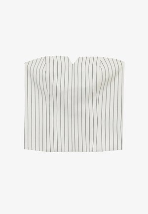 Witte bandeau cropped top met verticale dunne zwarte krijtstrepen en subtiele plooiing bij het borstgebied.