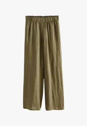 Pantalon ample en lin vert olive avec taille élastique et jambes larges, conçu pour un usage décontracté.