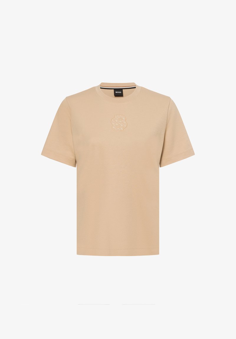Beige katoenen T-shirt met een ronde halslijn en korte mouwen. Heeft een reliëflogo op de borst. Zachte textuur, casual pasvorm.