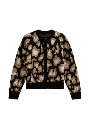 Leopardprint vest in zwart, bruin en beige, gemaakt van een gestructureerde gebreide stof. Voorzien van een ronde halslijn en een knopenlijst aan de voorkant.