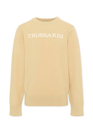 Beżowy sweter z okrągłym dekoltem, ściągaczami na rękawach i na dole, z nazwą marki "TRUSSARDI" w białych literach na piersi.