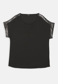 Black short-sleeve top with round neckline and silver sequin detailing along shoulders and sleeve edges, laid flat on white background.