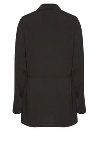 Zwarte blouse met lange mouwen en een kraag, gemaakt van lichtgewicht textuurstof, met een aansluitende taille. Kenmerkt zich door een rechte snit en minimale details.