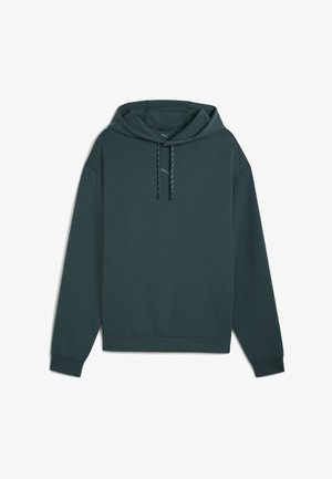 Donkergroene hoodie met een zachte textuur, voorzien van een trekkoordsluiting, een voorkant zak en een logo op de borst.