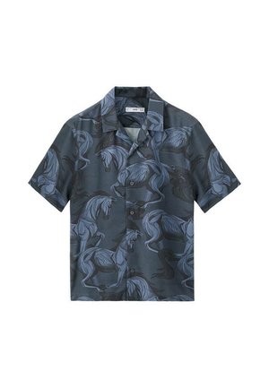 Srajca s kratkimi rokavi in gumbi, z motivom temno modrih in črnih konj na sivi podlagi.