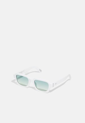 White rectangular sunglasses with gradient green lenses. Made of plastic, featuring a thick frame and subtle branding on the arms.