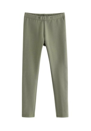 Oliven grønne leggings i fuld længde med elastisk linning og enkel syning, vist mod en hvid baggrund.