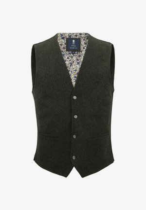 Dunkelgrüne Wollweste mit V-Ausschnitt, fünf Knöpfen, zwei Taschen und einem blumigen Innenfutter in Lila und Weiß.