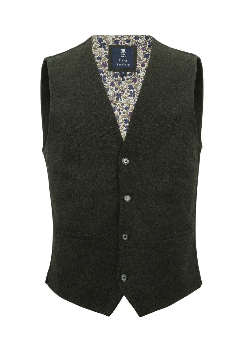 Dark green wool vest with a v-neck, five-button front, two pockets, and a floral-patterned lining in purple and white.