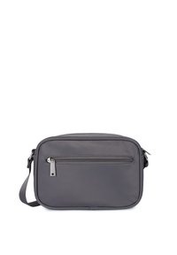 Borsa a tracolla grigia realizzata in tessuto liscio, con una tasca frontale con zip, tracolla regolabile, forma rettangolare e design minimalista.