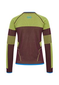 Langærmet træningstrøje i grøn og bordeaux med stribet detaljer, en blå halsudskæring og et tekstureret stof med ergonomisk design.