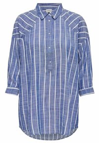 Camicia a maniche lunghe a righe blu e bianche con colletto a punta, chiusura frontale con bottoni e orlo curvo. Realizzata in tessuto leggero.