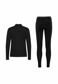 Completo sportivo nero composto da una maglia a maniche lunghe con colletto e leggings coordinati, entrambi realizzati in un tessuto morbido e elastico.