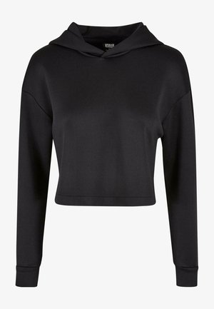 Schwarzer, lässiger Hoodie mit glatter Oberfläche, Kapuze mit Kordelzug und langen Ärmeln. Der Stoff wirkt weich und hat ein minimalistisches Design.