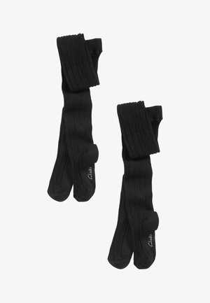 Mustad ribad sukkpüksid, millel on tekstuuriga viimistlus. Omavad tugevdatud varbaosa ja elastset vööd. Brändinimi "Clarks" on trükitud jalale.