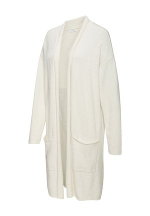 Langer Cardigan mit offenem Frontteil aus weichem cremefarbenem Stoff. Verfügt über zwei große vordere Taschen und eine lockere Passform mit überschnittenen Schultern und langen Ärmeln.