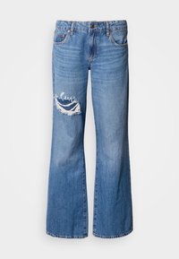 Lichtblauwe denim broek met wijde pijpen en een versleten detail op de rechterdij, voorzien van een knoopsluiting en een ontwerp met vijf zakken.