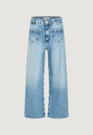 Jeans larghi a vita alta di colore azzurro chiaro con tasche frontali, passanti per cintura, bottone e cerniera, su uno sfondo neutro.