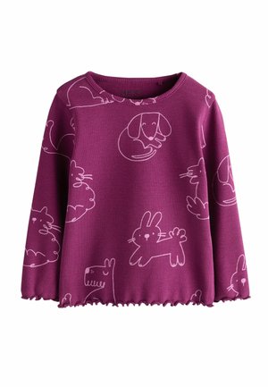 Tricou violet cu mâneci lungi, cu model striat și desene roz de câini, pisici și iepuri, cu margine ondulată de tip frunză de salată la mâneci și jos.
