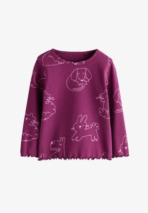 Tricou violet cu mâneci lungi, cu model striat și desene roz de câini, pisici și iepuri, cu margine ondulată de tip frunză de salată la mâneci și jos.