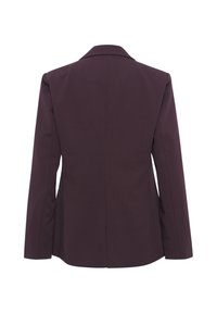 Zadní pohled na upravený blazer v tmavě švestkové barvě, který má klasický límec, dlouhé rukávy a čistý, strukturovaný design.