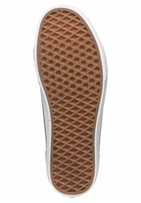 Suela de zapato de goma con un patrón texturizado marrón que presenta formas de diamante. Los bordes blancos contrastan con el color y el diseño de la suela.