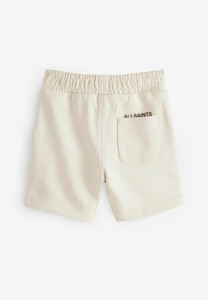 Cremefarvede bomuldsshorts med elastisk talje, der har en baglomme og trykt logo "ALL SAINTS." Glat tekstur og afslappet design.