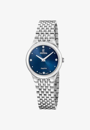 Sølv Festina armbåndsur med blå safir urskive, krystal-timemarkører og sammenkædet metalarmbånd, der viser tiden 10:10.