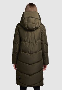 Olive green puffer coat with a hood, featuring a chevron pattern, textured fabric, and a logo detail at the hem. Mid-length design.