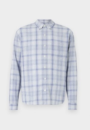 Long-sleeve button-up shirt in light blue and white checkered pattern. Features a classic collar and soft, textured fabric.