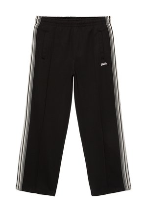 Black track pants with an elastic waistband, featuring two side pockets and three white vertical stripes along each leg.