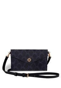 Černá křížová taška se vzorem, s designem obálky, zlatými kovovými doplňky a nastavitelným popruhem, s texturovaným koženým povrchem.