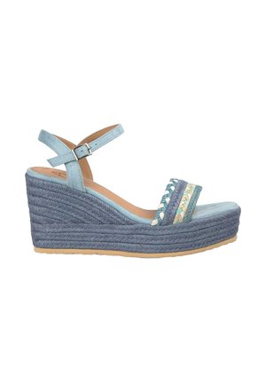 Light blue wedge sandal with braided upper, ankle strap, and woven jute detailing. Features a textured surface and rubber sole for grip.
