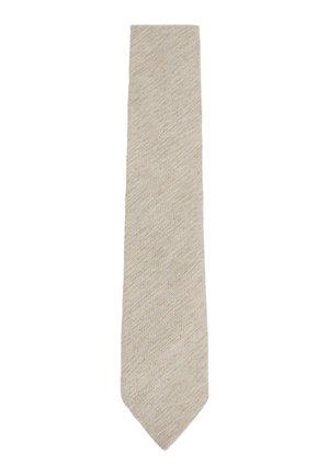 Beige nyakkendő halacska mintával, texturált anyagból készült, klasszikus keskeny alakú és hegyes véggel.