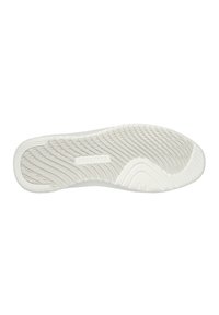 Sola de sapato branca de borracha com padrão de ranhura texturizado, apresentando um logótipo proeminente e bordas curvadas para melhorar a flexibilidade e a aderência.