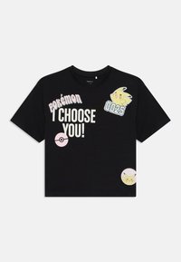 Black t-shirt featuring various colorful Pokémon graphics, including "I CHOOSE YOU!" text, Pokéball, and Pikachu with the number 0025.